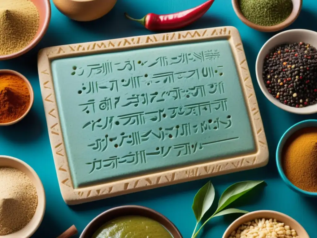 Una tableta de arcilla con recetas sumerias y un mercado mediooriental vibrante, fusionando herencia culinaria sumeria y gastronomía medioriental