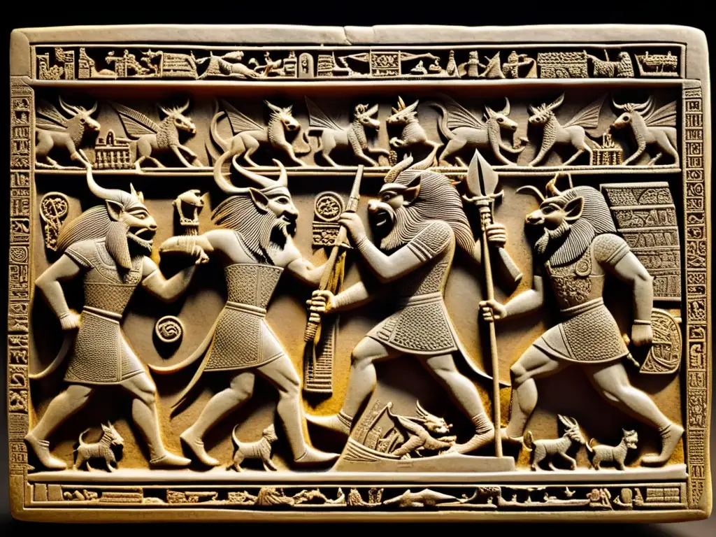 Tableta de barro sumeria con demonios y monstruos en batalla intricada Tableta de barro con demonios sumerios en batalla, detallados y amenazantes, envejecida y misteriosa