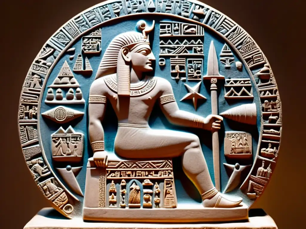 Tableta de arcilla de Enki: sabiduría y poder sumerio Tableta de barro con el dios sumerio de la sabiduría, Enki, rodeado de símbolos de poder y conocimiento