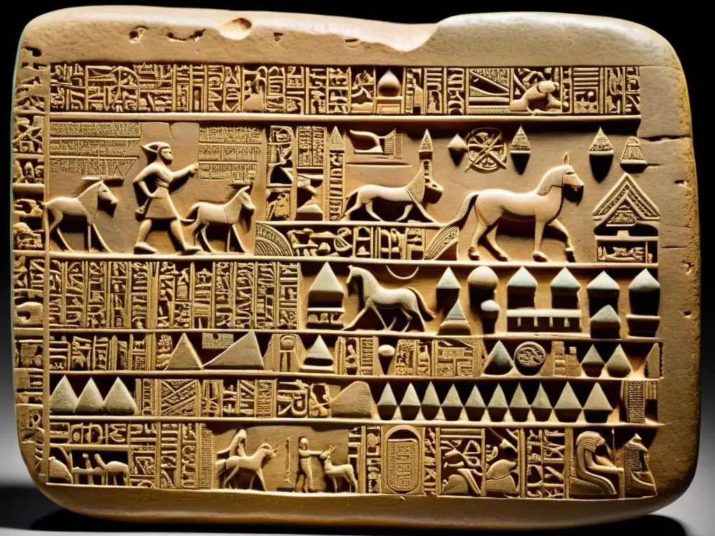 Tableta de barro mesopotámica con relatos mitos creación vida, cuneiforme detallado y símbolos celestiales, evocando la historia antigua