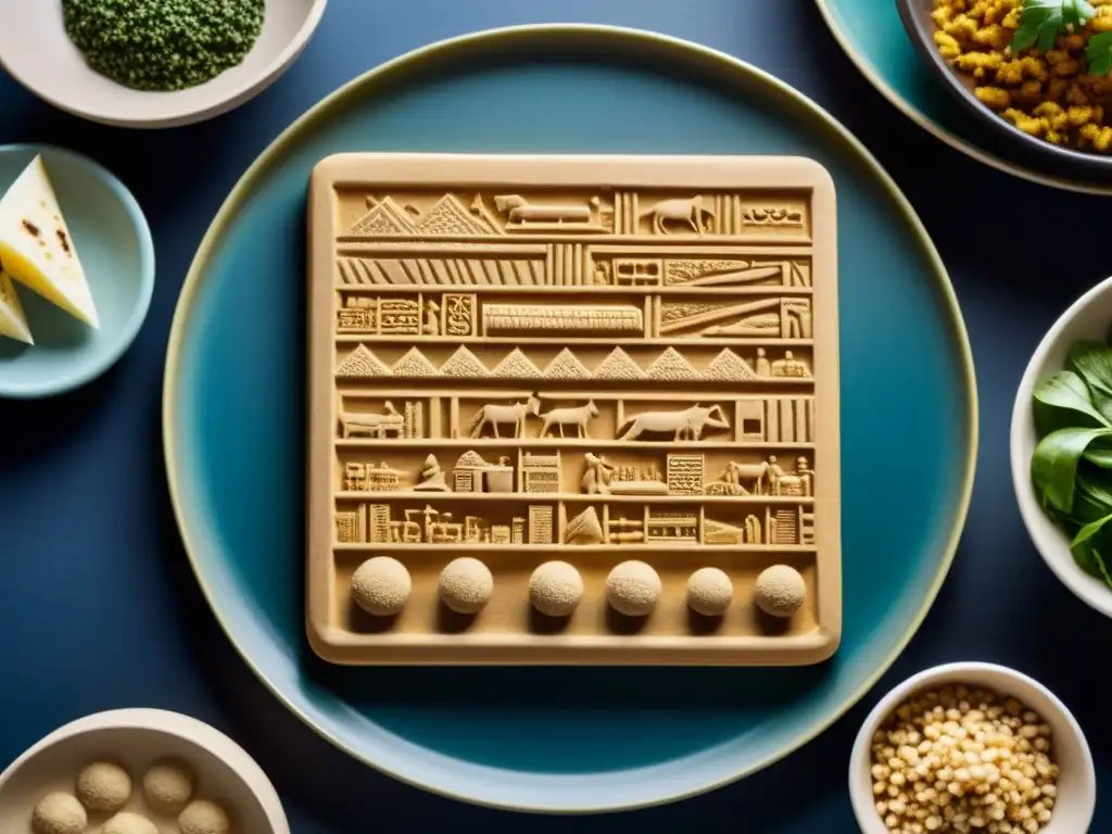 Tableta de barro con recetas culinarias sumerias y gastronomía medioriental, fusionando herencia culinaria sumerios gastronomía medioriental