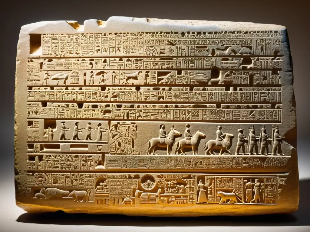 Tableta de piedra cuneiforme iluminada con detalles de Mesopotamia, mostrando turismo responsable en Mesopotamia