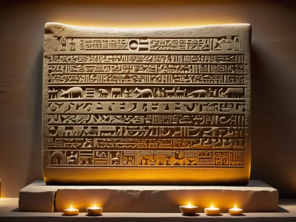 Tableta de piedra con escritura cuneiforme mesopotámica iluminada por luz dorada, rodeada de artefactos antiguos