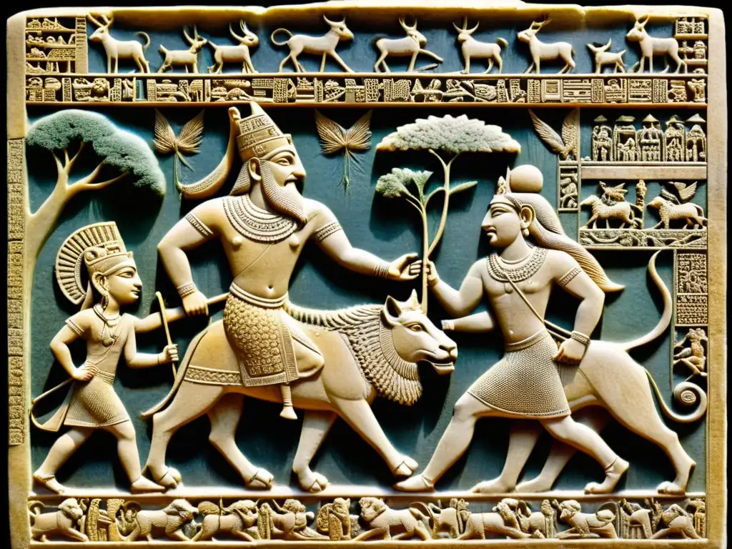 Tableta de piedra tallada del impacto épico Gilgamesh y Enkidu luchando contra criaturas míticas en paisaje sumerio