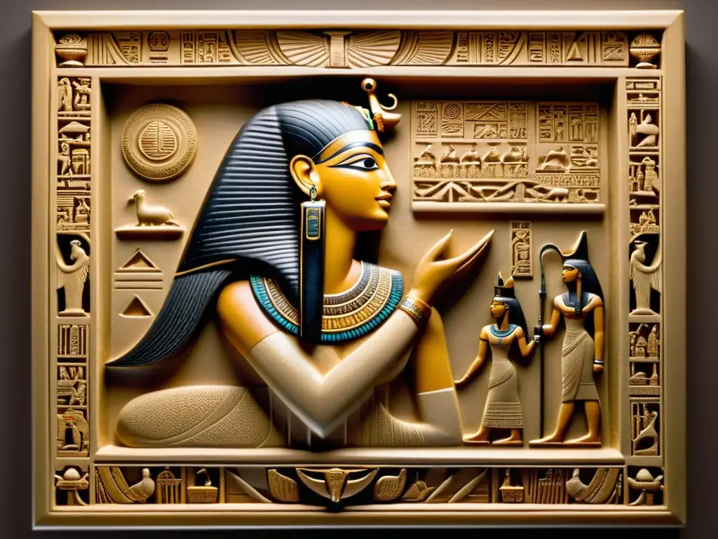 Relieve sepia de la diosa Isis: majestuosa presencia divina Una talla sepia intrincada de la diosa Isis, con jeroglíficos y símbolos de poder, exudando autoridad divina