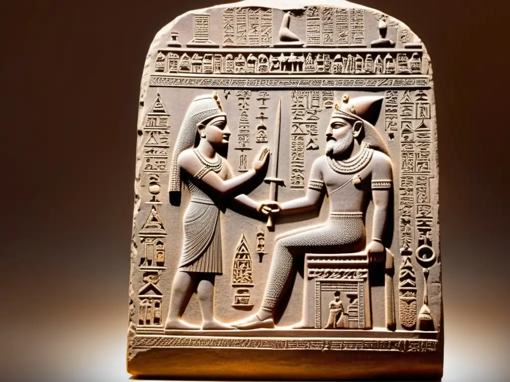 Estela detalladamente tallada de Hammurabi recibiendo el Código de Leyes del dios Shamash, en un tono sepia antiguo que emana sabiduría y autoridad