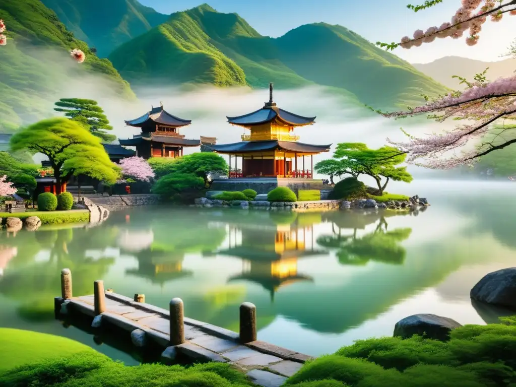 Templo ancestral en montañas verdes: meditación y serenidad al amanecer Un templo antiguo en un entorno natural exuberante, con una figura meditando bajo un cerezo en flor