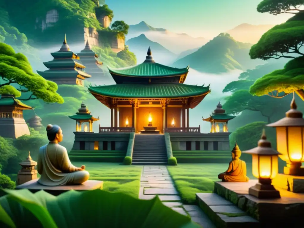 Templo ancestral en las montañas: meditación y serenidad Un templo antiguo en la montaña, con figuras meditando y linternas, evocando Encuentros espirituales en el Oriente Antiguo