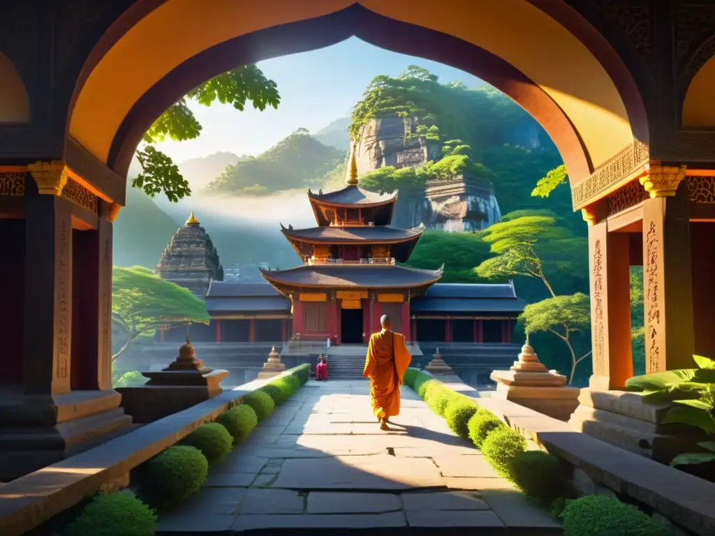 Templo antiguo en las montañas: misticismo y serenidad oriental Un templo antiguo en la niebla de montañas del Oriente, con monjes entonando mantras en la tradición espiritual
