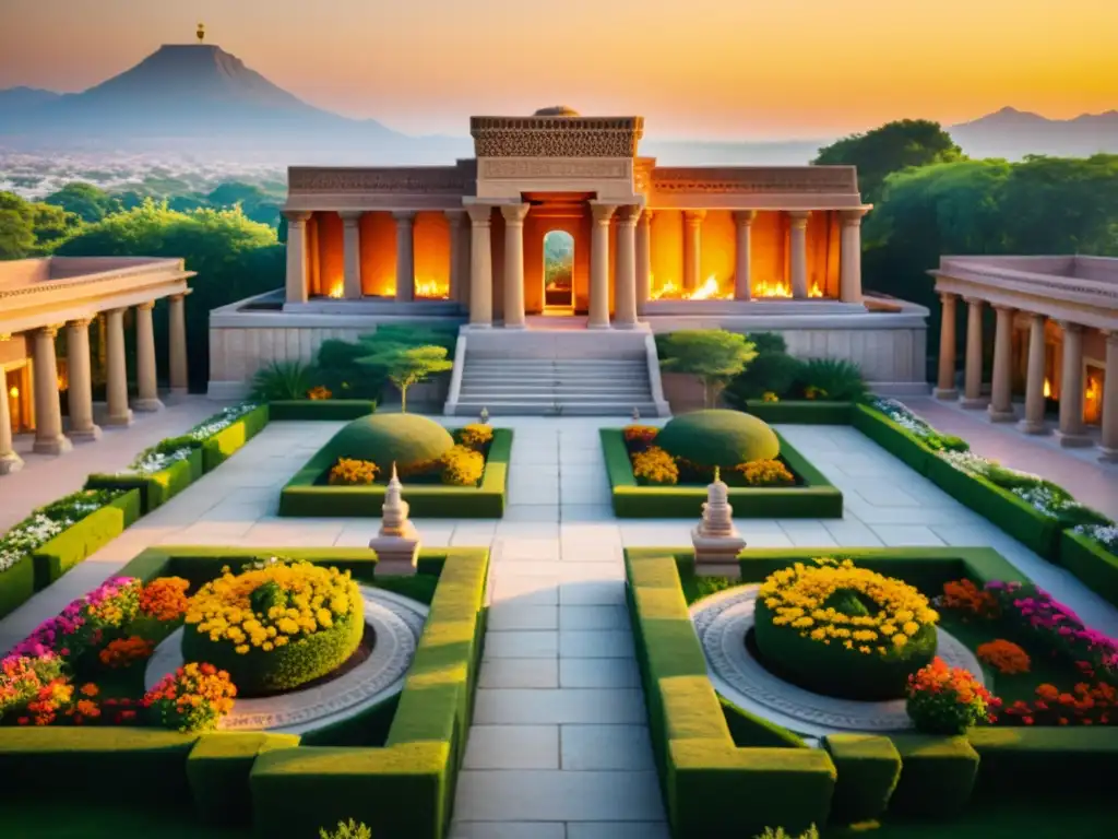 Un templo del fuego Zoroastriano majestuoso al atardecer, rodeado de jardines verdes y flores vibrantes