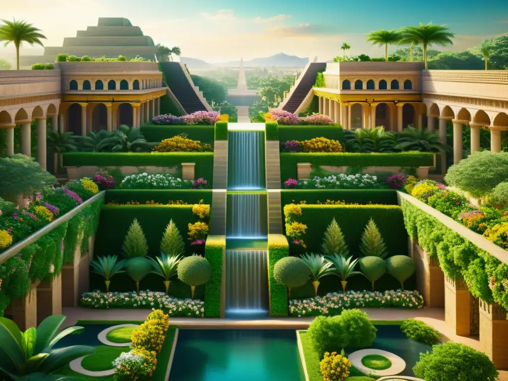 Terrazas colgantes de Babilonia: una representación detallada de este antiguo maravilla, fusionando mitos y arqueología
