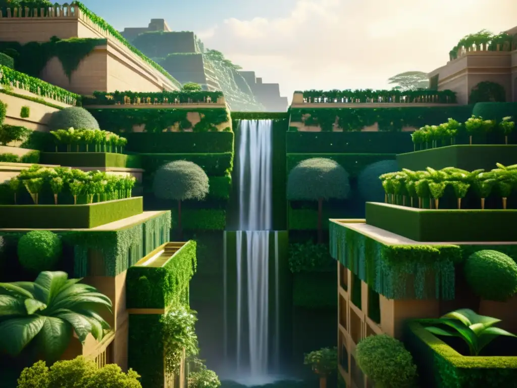 Terrazas colgantes de Babilonia: exuberante verdor y cascadas en sepia, evocando su misterio arquitectónico
