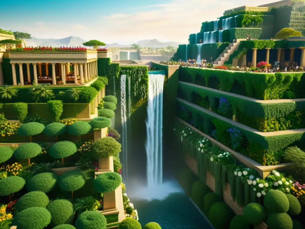 Terrazas colgantes de Babilonia: una maravilla arquitectónica de exuberante verdor y flores exóticas en tonos sepia