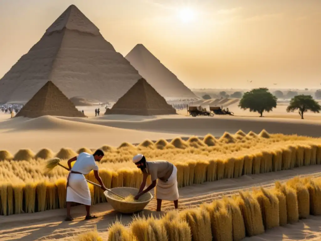 Recolección de cebada en Egipto antiguo bajo el sol abrasador Trabajadores egipcios cosechando cebada bajo el sol, con las Pirámides de Giza al fondo, mostrando la producción de cerveza en el antiguo Egipto