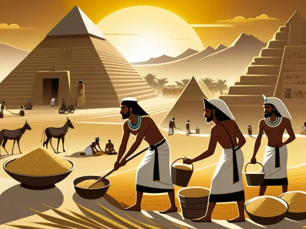 Recolección de granos en Egipto: escena detallada bajo el sol Trabajadores egipcios cosechan cebada bajo el sol, creando cerveza en el antiguo Egipto