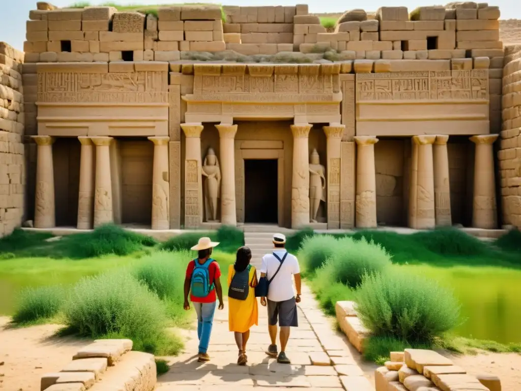 Viajeros explorando las ruinas de Mesopotamia con respeto y asombro, conectando con la historia