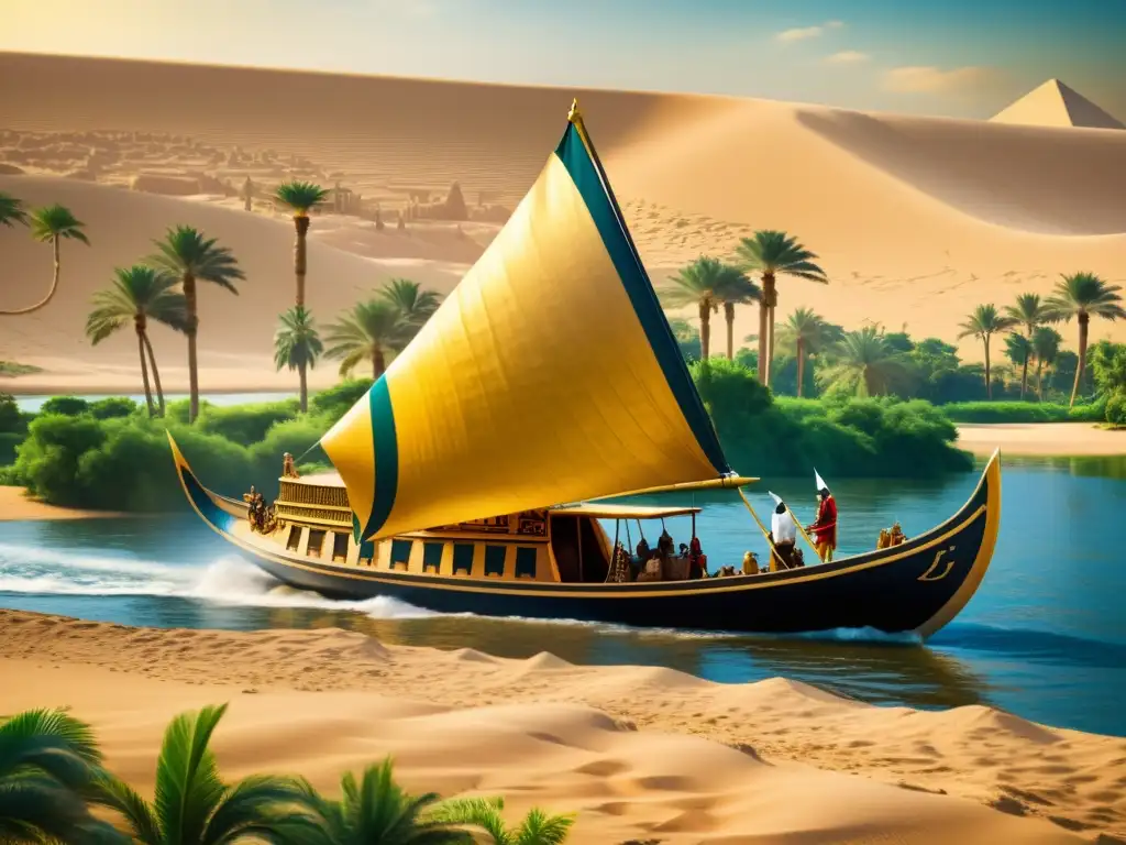 Vías de navegación en el Egipto Antiguo: un barco faraónico surca el Nilo, tripulado por antiguos marineros egipcios