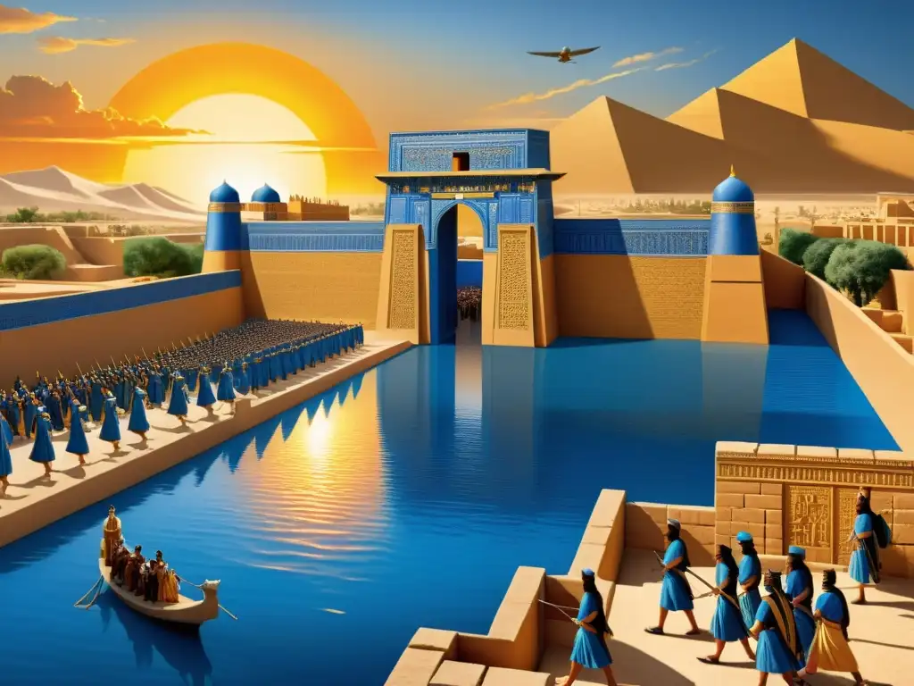 Vibrante ilustración sepia de la antigua ciudad de Babilonia con la Puerta de Ishtar y ziggurats, ambientada en un atardecer dorado sobre el río Éufrates, destacando las Conquistas del Oriente Medio Antiguo