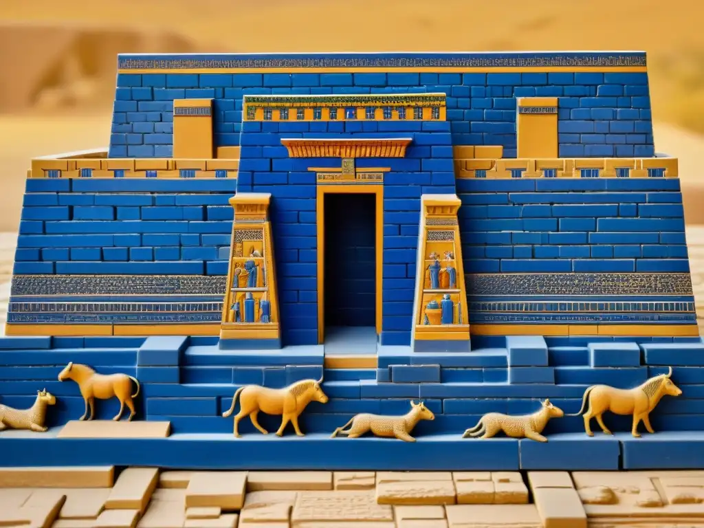 Vibrante Ishtar Gate en Babilonia al atardecer, reflejando el legado mesopotámico en escrituras sagradas