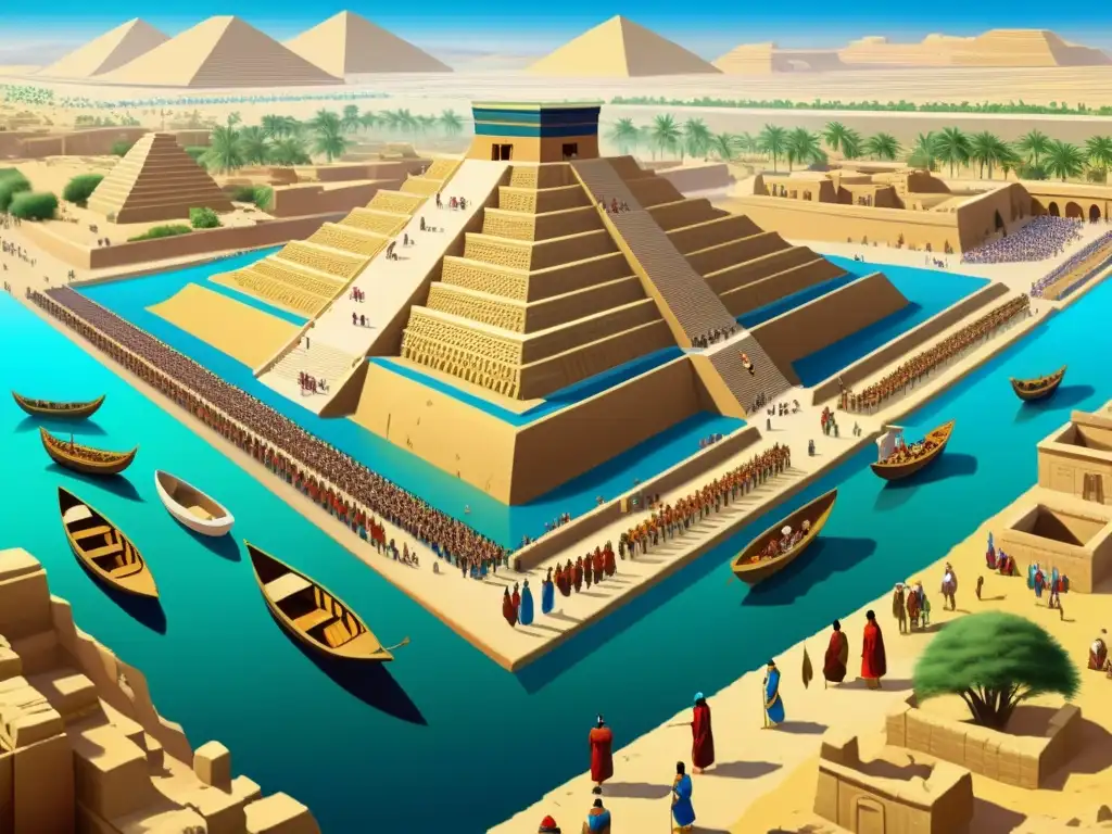 Vibrante ilustración sepia de la ciudad estado de Ur en Sumeria, con ziggurats, mercados y gente en actividades diarias