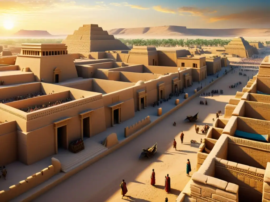Ur, la joya de Sumeria: reconstrucción digital en sepia Vibrante reconstrucción digital de la antigua Sumeria, con la ciudad de Ur y su ziggurat