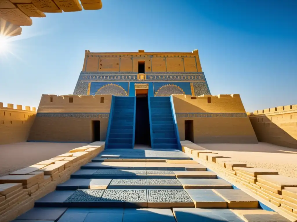 Vibrante escena de la antigua ciudad de Babilonia, con la majestuosidad de la Puerta de Ishtar y el imponente ziggurat Etemenanki