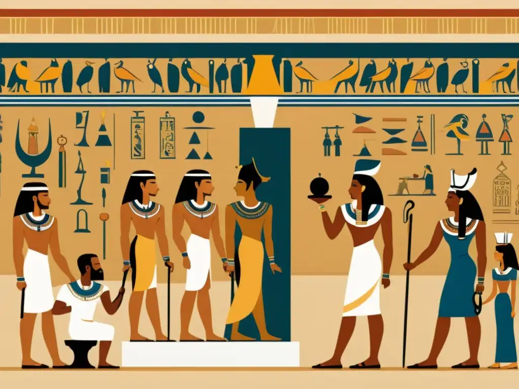 Escena judicial en el antiguo Egipto: administración de justicia con jeroglíficos y vestimenta tradicional Vibrante escena de administración justicia en Egipto antiguo, con funcionarios, jeroglíficos y variadas clases sociales