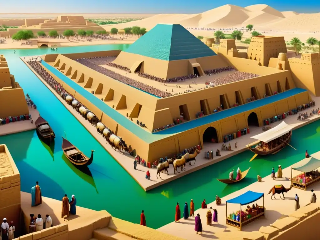 Vibrante escena de economía y comercio en la antigua Babilonia de Mesopotamia, con mercaderes, clientes y camellos en un bullicioso mercado