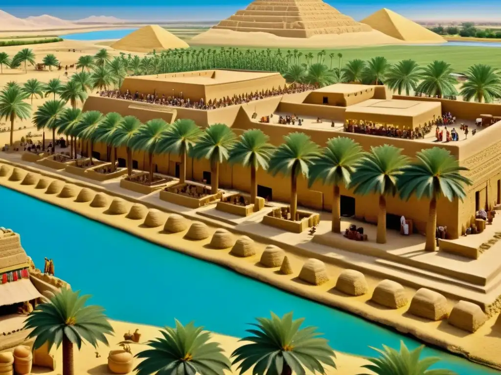 Vida cotidiana en Sumeria: una ciudad ancestral en sepia Vibrante escena sumeria con ziggurats, mercados y actividades cotidianas bajo palmeras, reflejando la riqueza cultural
