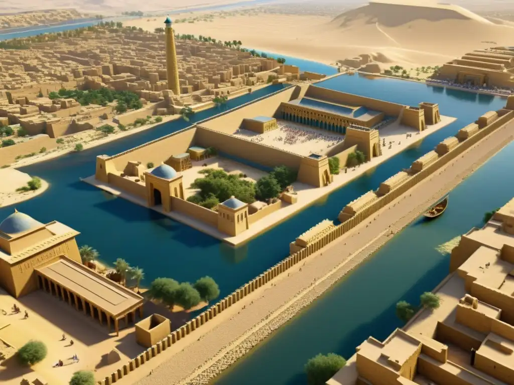 Esplendor de Babilonia: Calles bulliciosas y la Puerta de Ishtar Vibrante imagen en sepia de la antigua Babilonia durante Nabucodonosor II, con bulliciosas calles y la majestuosa Puerta de Ishtar