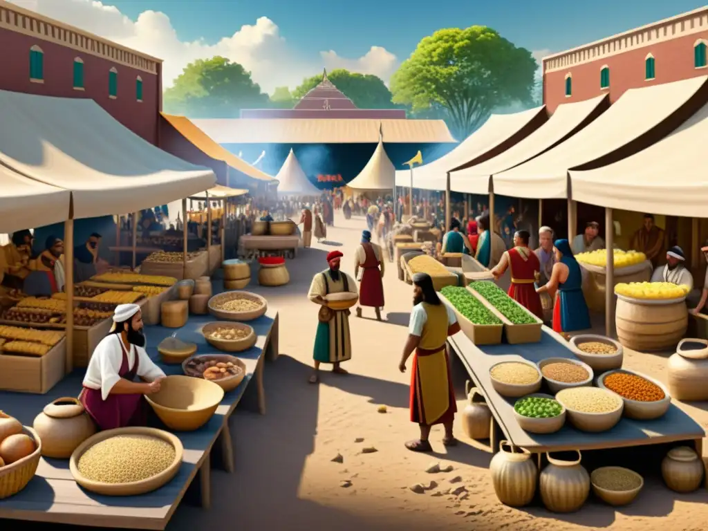 Mercado acadio-sumerio: intercambio cultural y lingüístico Vibrante mercado acadio tras la conquista sumeria, reflejando integración cultural y lingüística