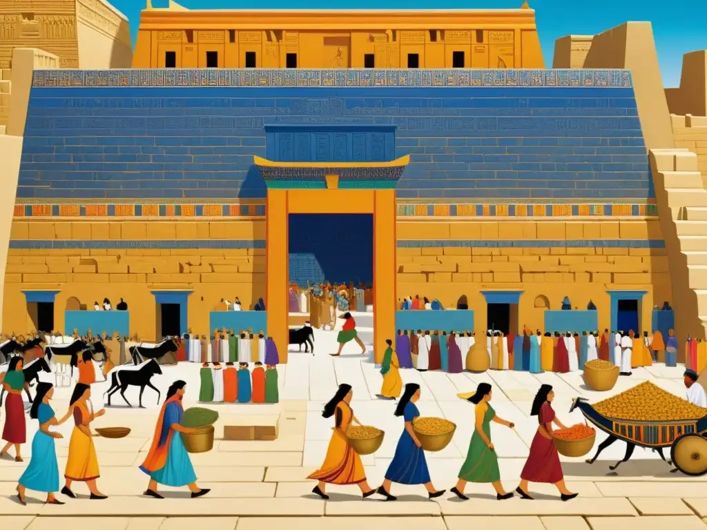 Vibrante mercado en Babilonia antigua, con vendedores y la Puerta de Ishtar al fondo, reflejando la vida diaria y la justicia y ley en Babilonia