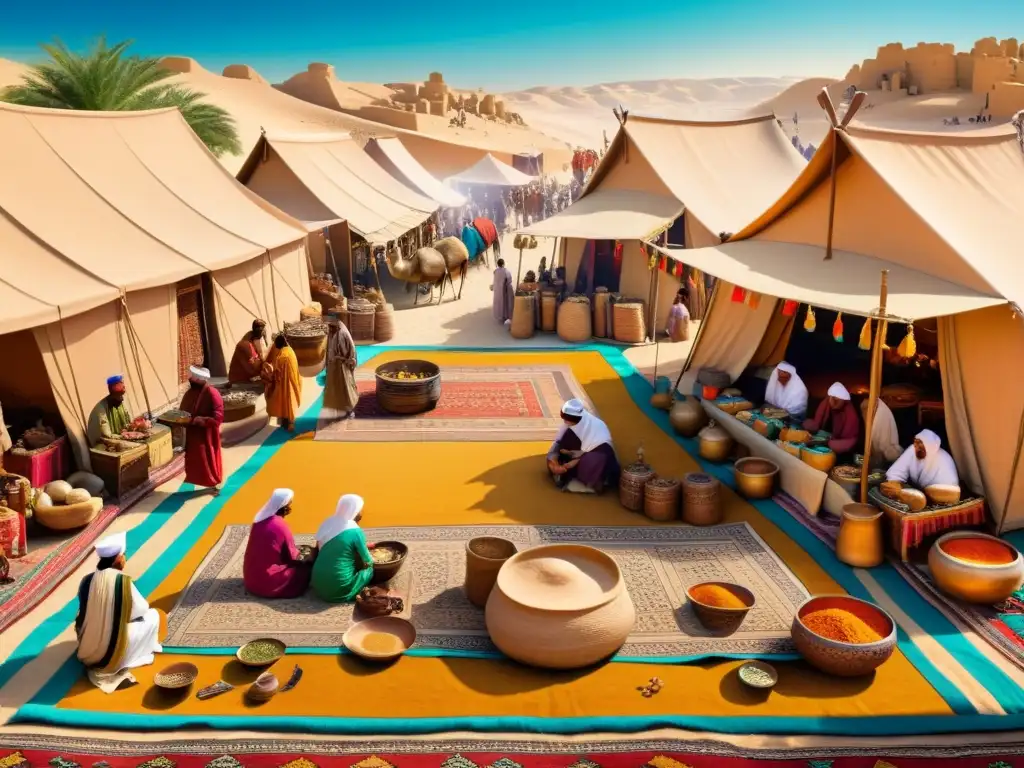 Mercado antiguo de Oriente Medio: escena colorida y bulliciosa Vibrante mercado antiguo en Oriente Medio donde la escritura en papiros resalta la Importancia del alfabeto en rutas comerciales