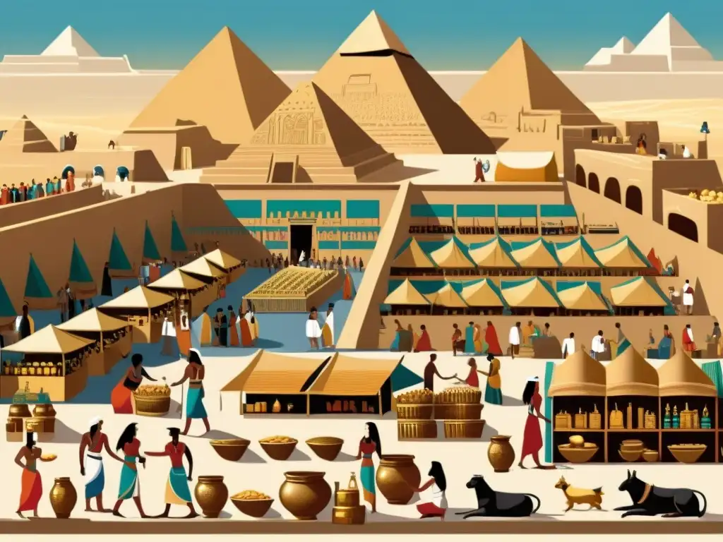 Mercado Egipcio Antiguo: Escena detallada en sepia con pirámides y cerveza Vibrante mercado egipcio antiguo con cerveza en el centro, junto a jeroglíficos y pirámides al fondo
