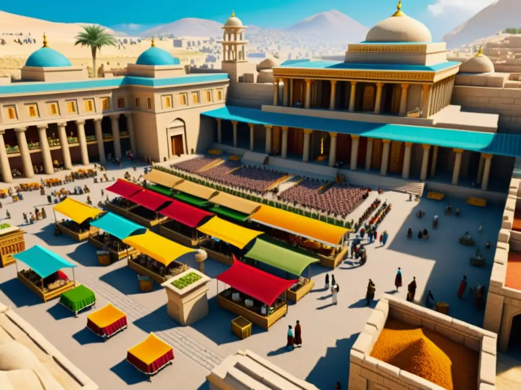 Vibrante mercado del Imperio Seléucida, muestra la próspera economía con comerciantes y templos al fondo