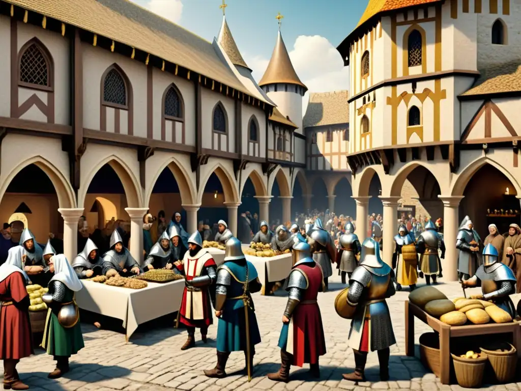 Mercado medieval: haggle, batalla y donaciones para las Cruzadas Vibrante mercado medieval: haggle, preparativos de batalla y financiamiento de las Cruzadas