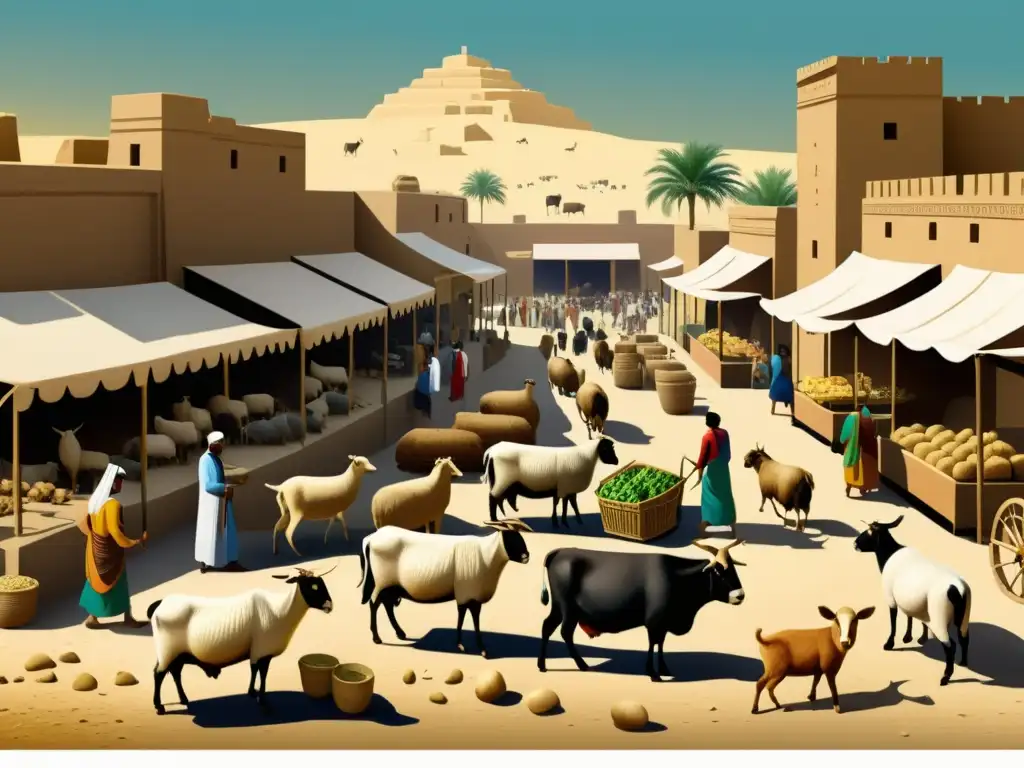 Vibrante mercado mesopotámico: domesticación de animales en Mesopotamia con comerciantes, animales y arquitectura detallados