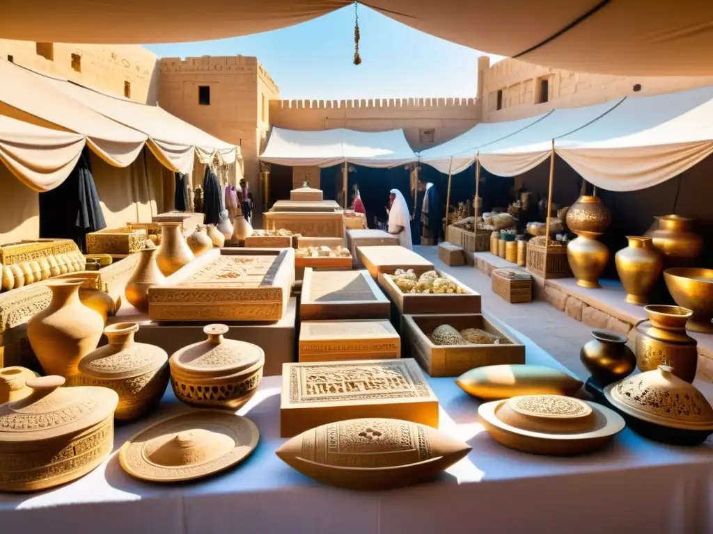 Mercado antiguo del Medio Oriente: arte funerario y cultura viva Un vibrante mercado en Medio Oriente exhibiendo antigüedades funerarias