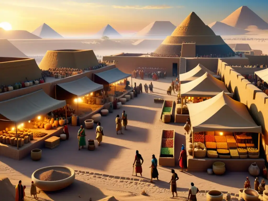 Vida cotidiana en un bullicioso mercado sumerio al amanecer, con costumbres y rituales