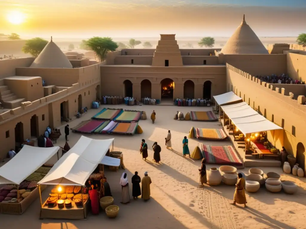 Vida cotidiana en un mercado Sumerio al amanecer, mostrando costumbres y rituales de la época