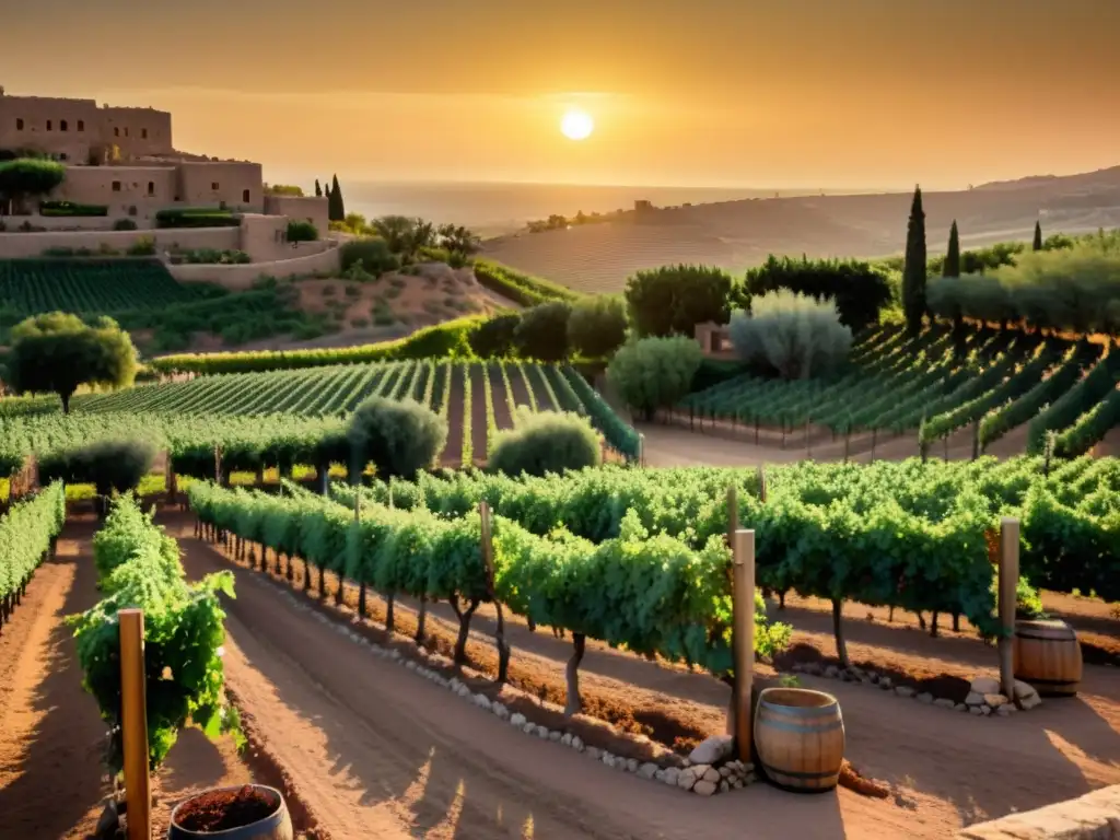 Viñedo fenicio al atardecer: cosecha ancestral en sepia Viñedo fenicio al atardecer en tonos sepia, donde trabajadores cosechan uvas en prensas de piedra antiguas