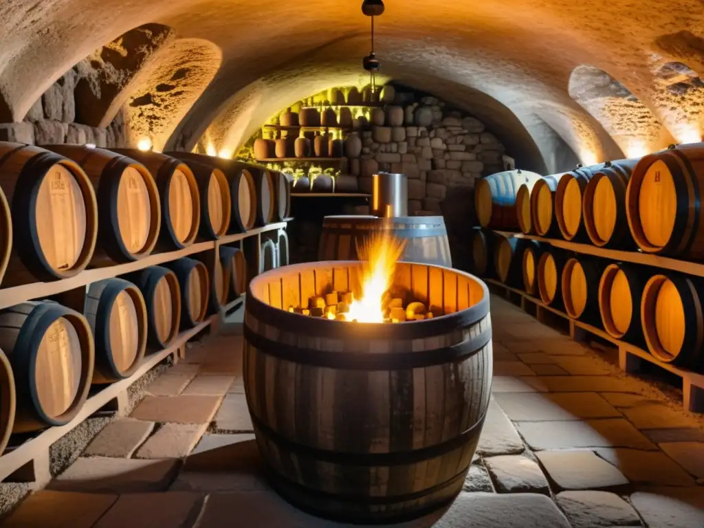 Producción de vino en rituales antiguos: Bodega ancestral iluminada por antorchas, con figuras rituales derramando vino y brindando en penumbra