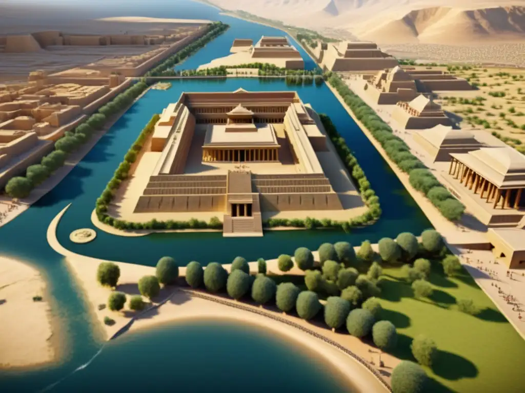 Reconstrucción virtual del Imperio Acadio en su esplendor: ziggurats, mercados y río, capturando su grandeza histórica