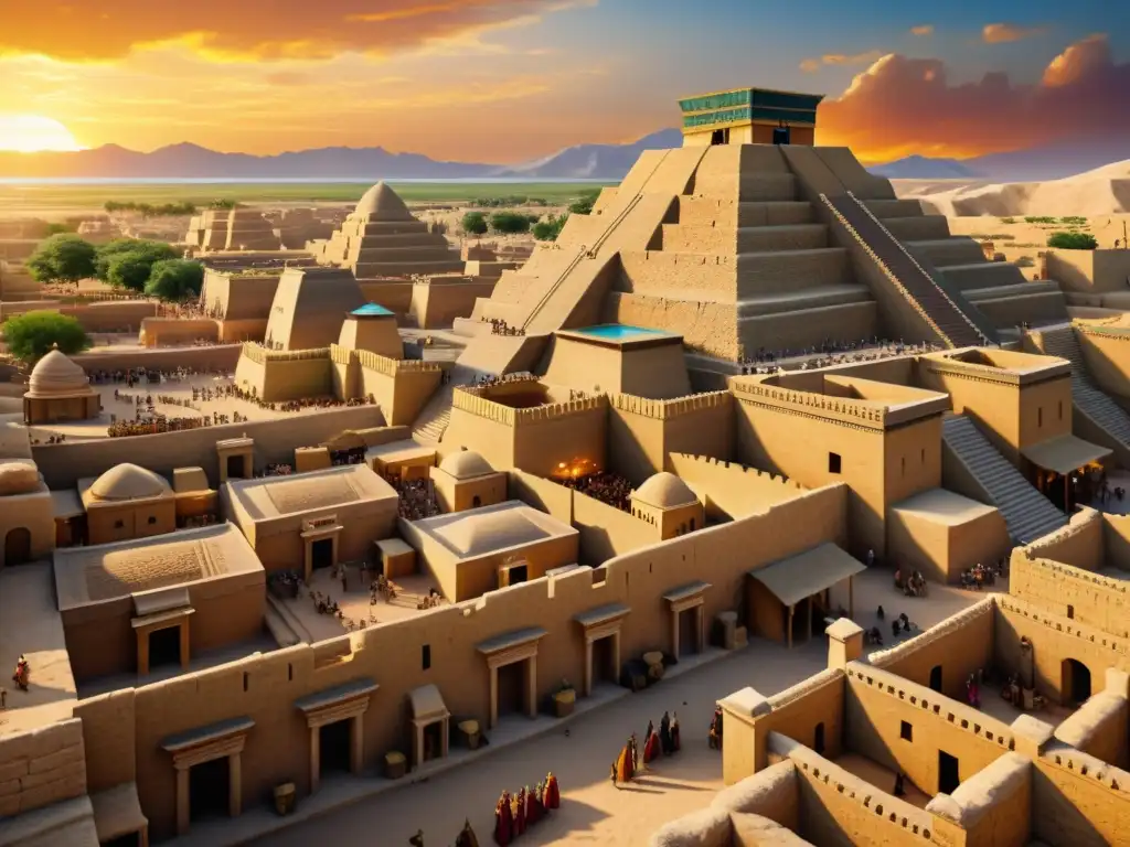 Reconstrucción virtual del Imperio Acadio: Ciudad antigua con ziggurats bajo un cielo dorado al atardecer