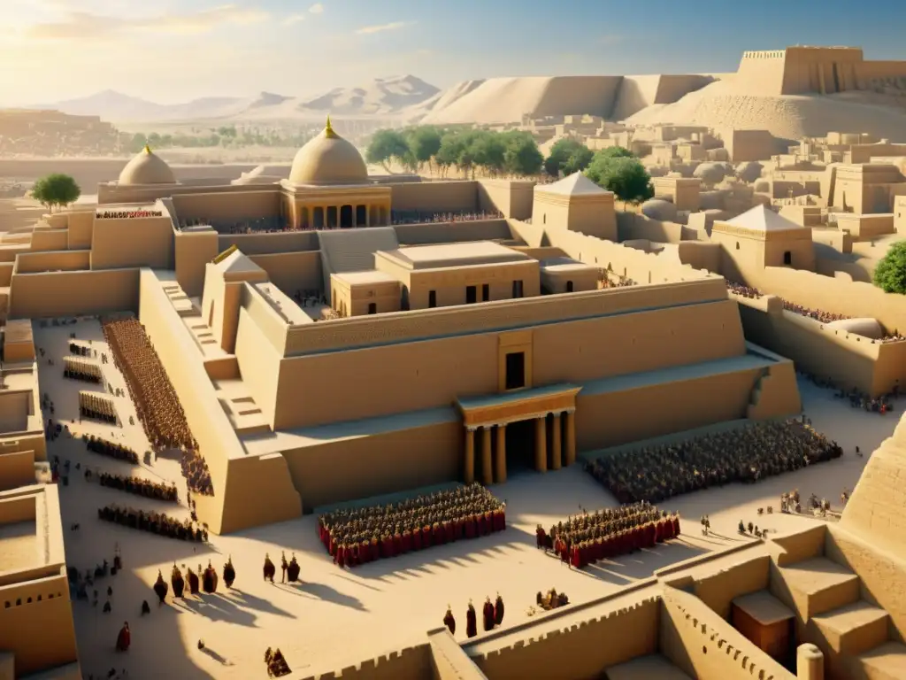 Reconstrucción virtual del Imperio Acadio: ciudad antigua con ziggurats, mercados y palacios detallados en sepia 8K