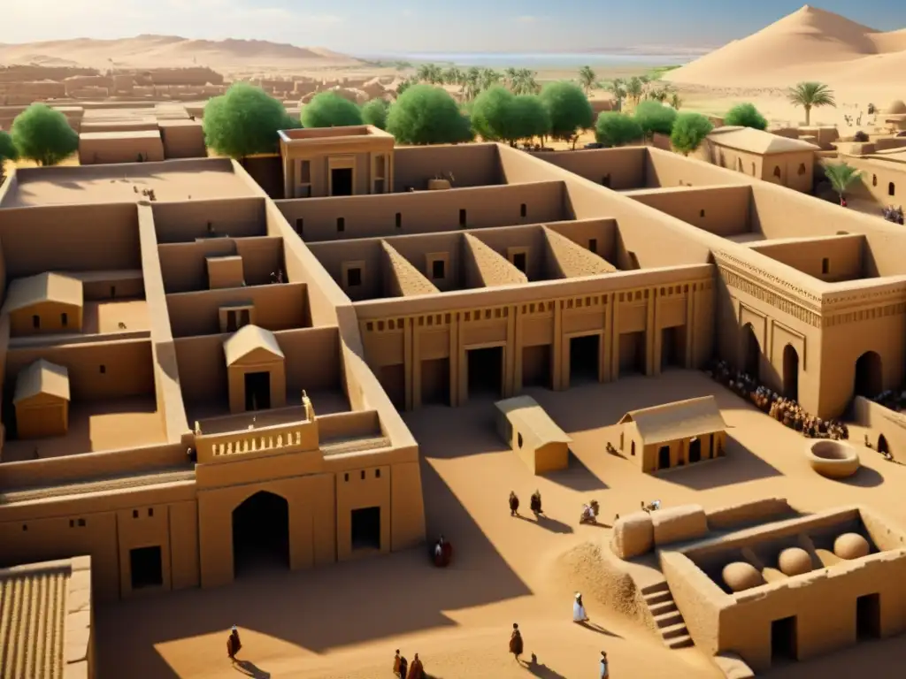 Reconstrucción virtual del Imperio Acadio: Detallada ciudad con ladrillos de barro, mercados y habitantes vestidos al estilo acadio