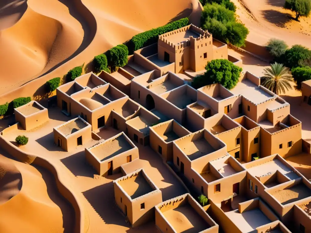 Vista aérea de un pueblo de adobe en Oriente Medio, con construcciones de barro y calles estrechas que resaltan la belleza atemporal