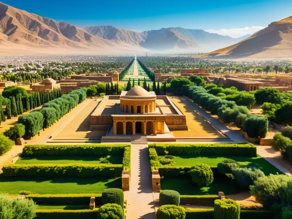 Vista sepia detallada de la antigua ciudad de Pasargada con la majestuosa Tumba de Ciro el Grande rodeada de jardines exuberantes y arquitectura persa