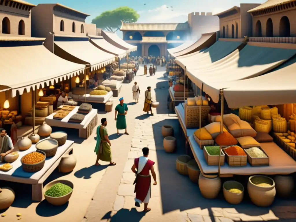 Vívida escena de mercado en el Imperio Seléucida: mercaderes comercian bajo toldos, intercambiando textiles, especias y cerámica