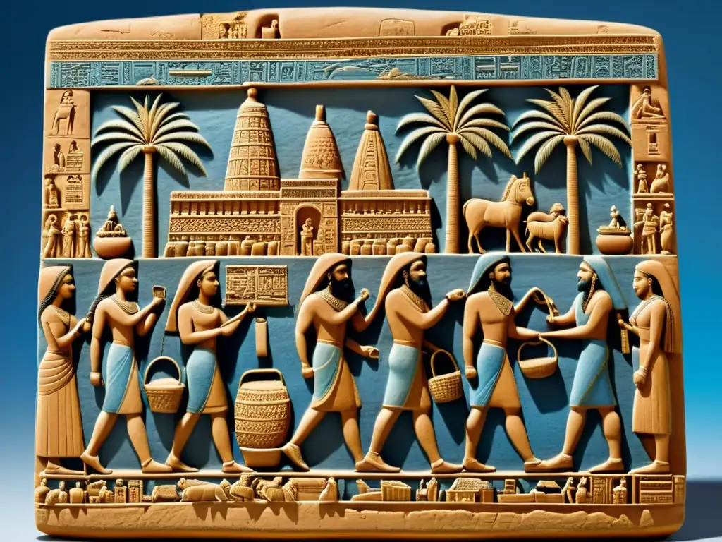 Vívida escena de mercado en Sumer con comerciantes, clientes y trabajadores